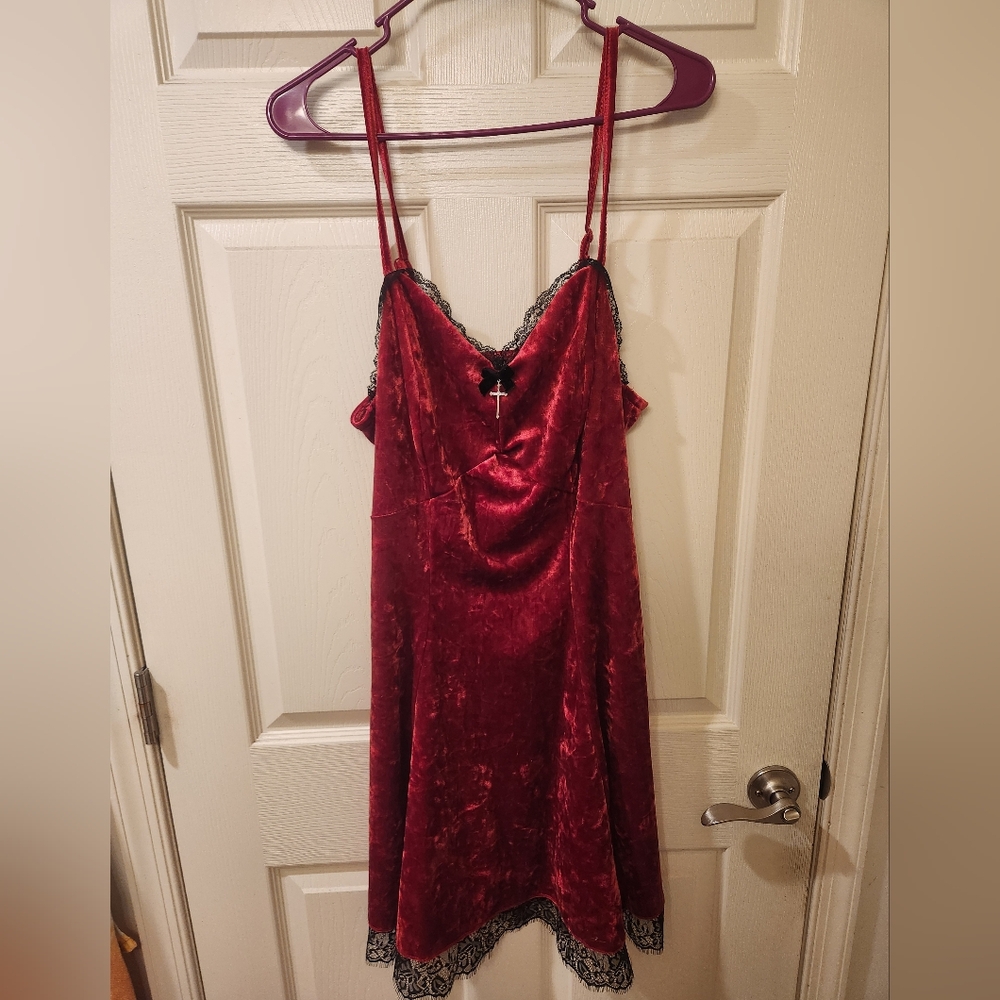 Hot Topic Red Dress with Spaghetti Straps and Black Lace Trim